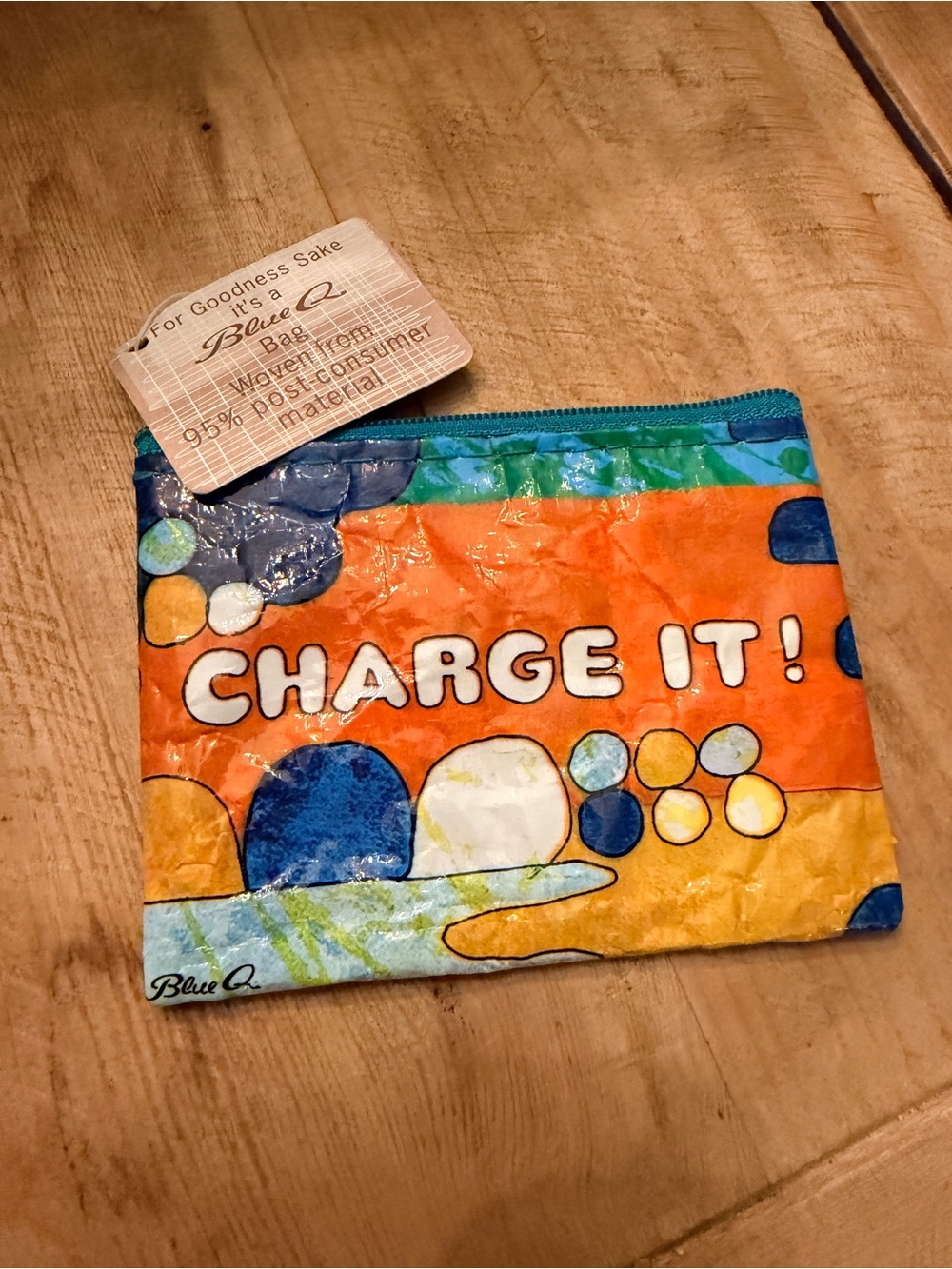 Blue Q 'CHARGE IT!' Colorful Recycled Zip Pouch Wallet Coin Purse Sustainable